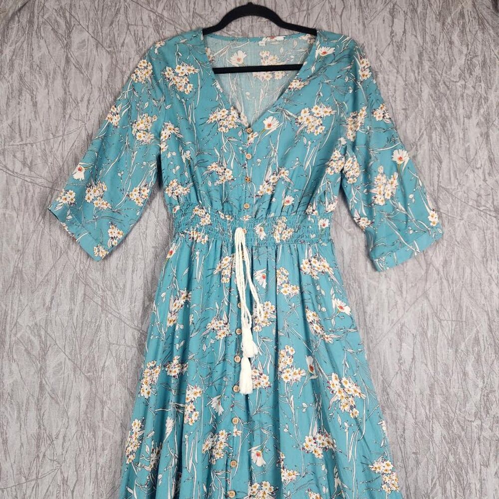 Boho Hippie -Style Floral Blue Maxi Dress Size M Coquette Cottage Retro